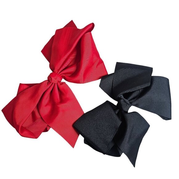 Vintage Oversized Hair Bows - Red & Black Satin Clip-On Accessories 8", 10" - Picture 1 of 6